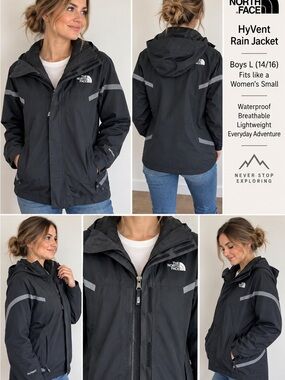 The North Face HyVent Black Hooded Rain Jacket Women’s S Boys L 14/16